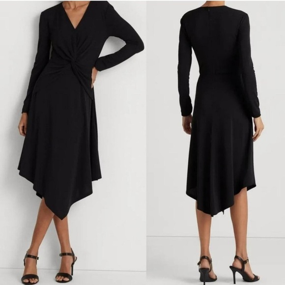 LAUREN RALPH LAUREN Black Twist Front Surplice Midi Dress V-Neck Long Sleeve 12 - Picture 7 of 7